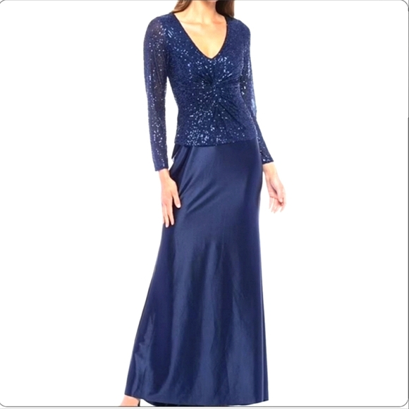 MARINA Maxi Dress Navy Blue Semi Formal Sequin Over Jacket Size Small - Picture 1 of 11